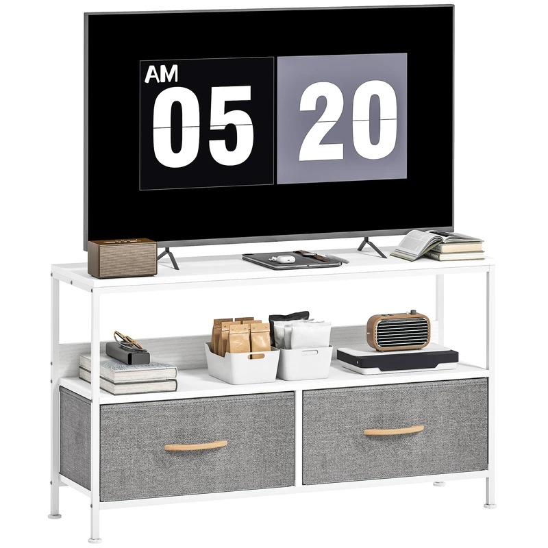 HOMCOM TV Stand Cabinet up to 47-inch, TV Unit with 2 Foldable Linen Drawers, Open Shelf for Living Room, Bedroom, Entertainment Room, White