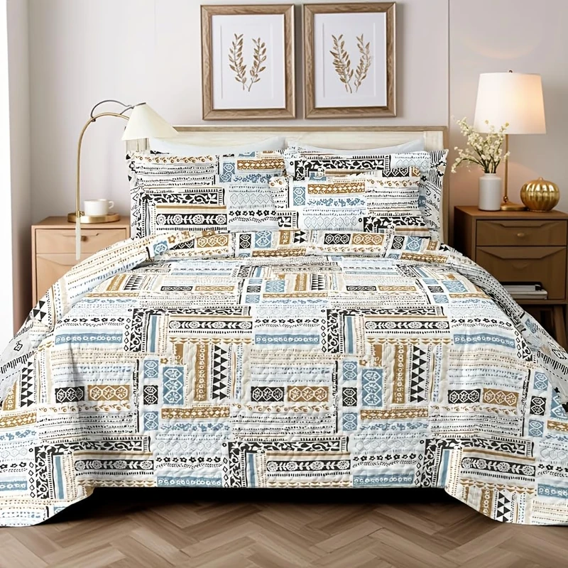 WHWODIDE Geometry Patchwork Microfiber 3pcs Quilt Set King Size Farmhouse Summer Bed Cover Reversible Lightweight Bedspread Coverlet Set with 2 Pillow Shams for All Season(Geometry, King(90"x104"))