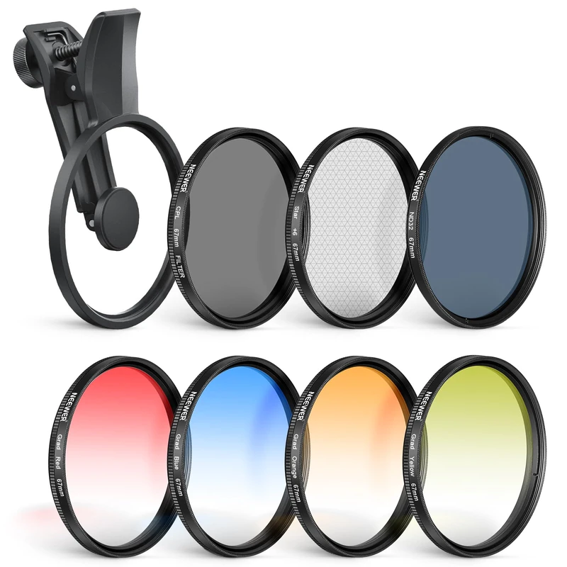 NEEWER 67mm 7 Pack ND Filter Set Compatible with Android Samsung Google Huawei Xiaomi Phone, Clip On CPL+ ND32 + Starlight + GND (Red/Orange/Yellow/Blue) Photography Accessories Kit with Case, FL-P14