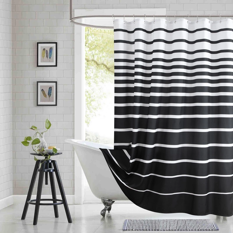 BESTRIPES 90 Inch Black Shower Curtain, Extra Long Modern Black and White Stripe Waterproof Polyester Shower Curtains for Bathroom, 72x90 Inches