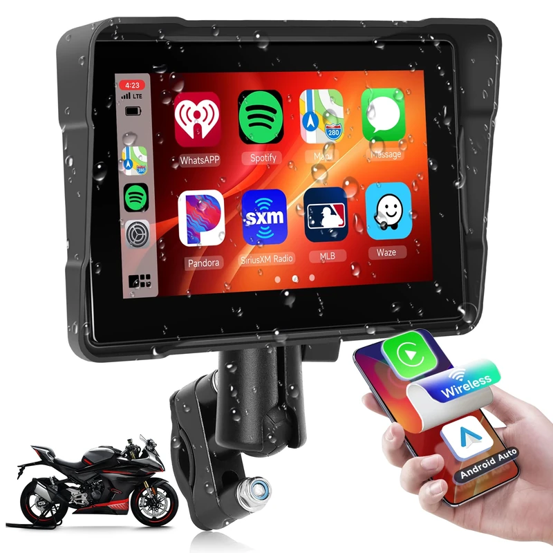 Wireless CarPlay Screen for Motorcycle, 5'' Waterproof Touchscreen Portable Carplay Android Auto for Motorbike, Airplay, EQ, Navigation/Siri, Dual Bluetooth