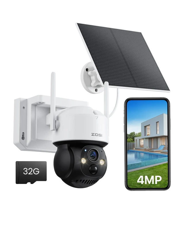 ZOSI 4MP Wireless Solar Security Camera Outdoor with 32GB Local Storage, 10050mAh Battery Powered CCTV Camera, 360°Pan-Tilt View, PIR Motion Detection, 2-Way Audio, Color Night Vision, IP66 Waterproof