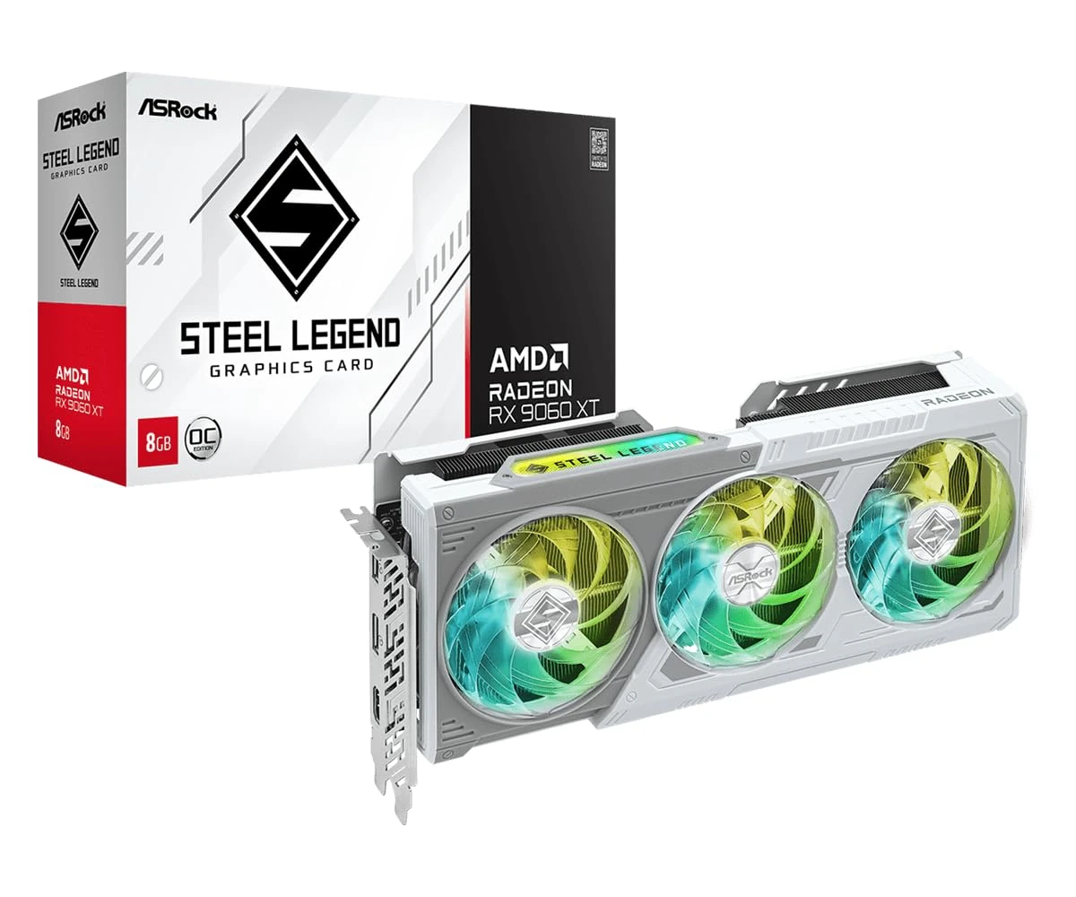 ASRock Radeon RX 9060 XT Steel Legend 8GB GDDR6 OC Graphics Card | 3320 MHz Boost | Triple Fan | 0dB Cooling | Metal Backplate | PCIe 5.0 | DisplayPort 2.1a, HDMI 2.1b