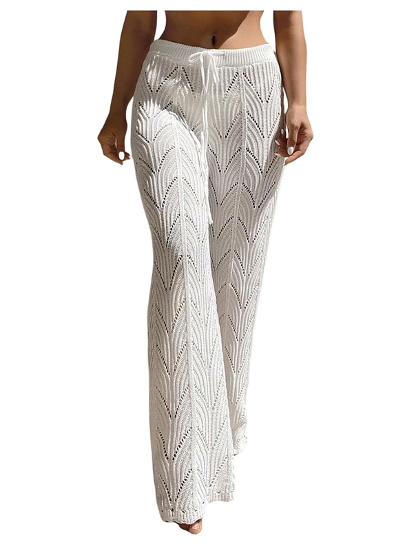 GORGLITTER Women's Crochet Cover Ups Hollow Out Drawstring Waist Knit Cover Up Pants Beachwear White Large