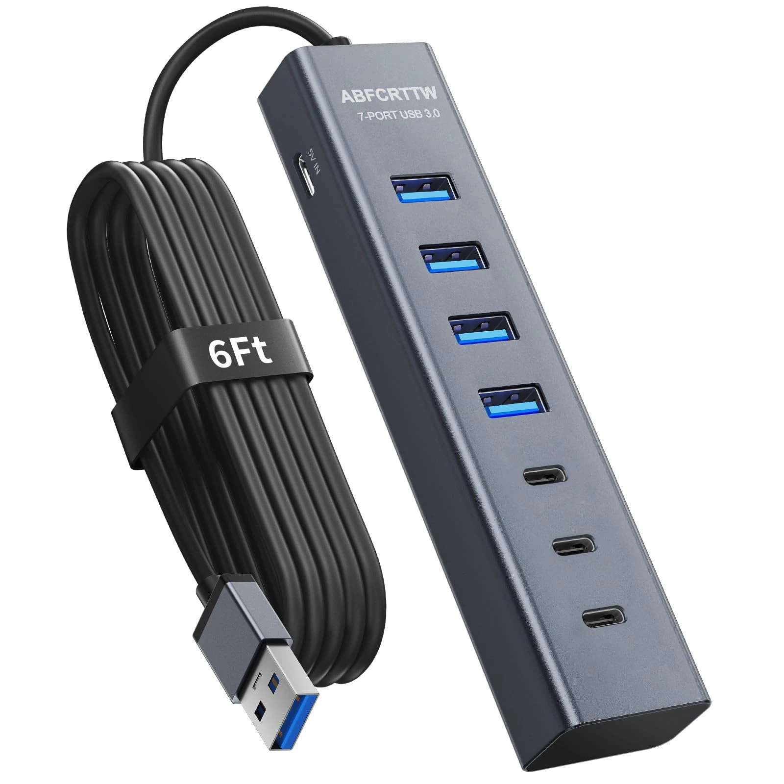 6Ft 7-Port USB Hub 3.0 for Desktop, 4 USB-A & 3 USB-C Ports Aluminium 5Gbps USB Extender Hub, USB Splitter, USB Hub Long Cable for Desktop, PC, Flash Drive, Mobile HDD SSD, Windows/XPS