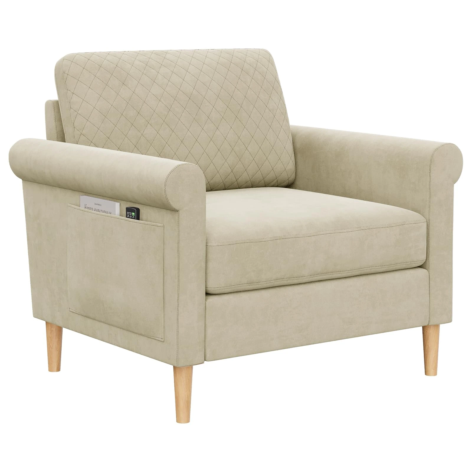 Vesgantti Fabric Accent chair, Upholstered Armchair with Bilateral Pocket Storage and Removable Cushions, Occasional Chair for Living Room Bedroom and Office, Tool-free Assembly, 80W*75D*86Hcm