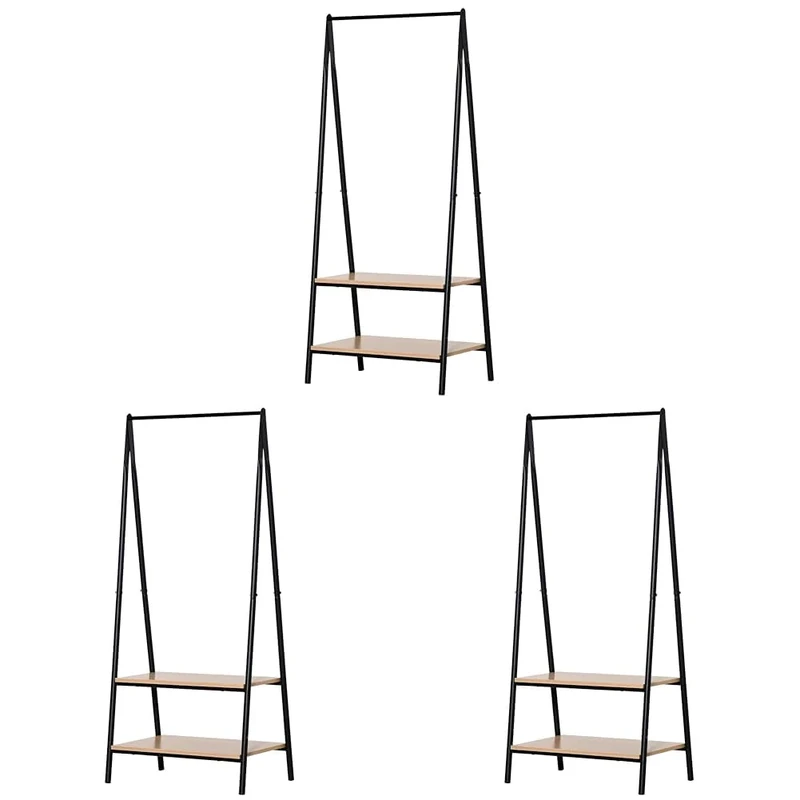 HOMCOM Clothes Rail, Freestanding Metal Clothes Rack with 2 Tier Storage Shelves for Bedroom and Entryway, 64 x 42.5 x 149 cm, Black Frame (Pack of 3)