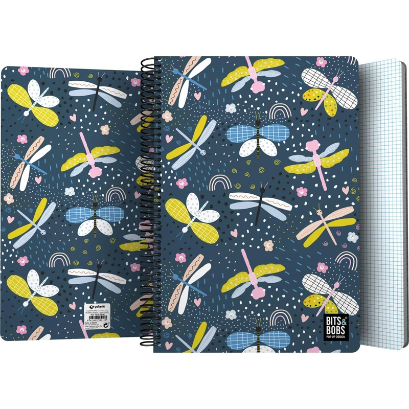 Grafoplás - Plastic Cover Notebook, Bits&Bobs Dragon Fly, 80 Squared Sheets 4x4 90g, Foolscap Size, Spiral, Coil Lock Security Closure, FSC Certified, Perfect School Supplies