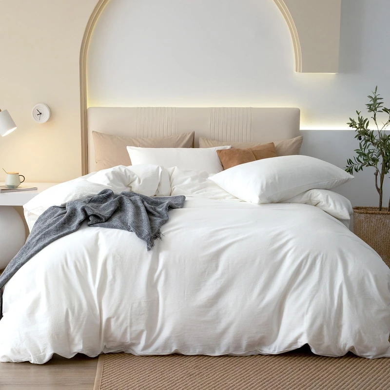 JIYUAN 100% Washed Cotton Duvet Cover Set 3 Pieces Queen, 1 Duvet Cover 90x90 Inches(Comforter Not Included) and 2 Pillowcases,Linen Feel Bedding Set Comfy and Breathable,Bright White