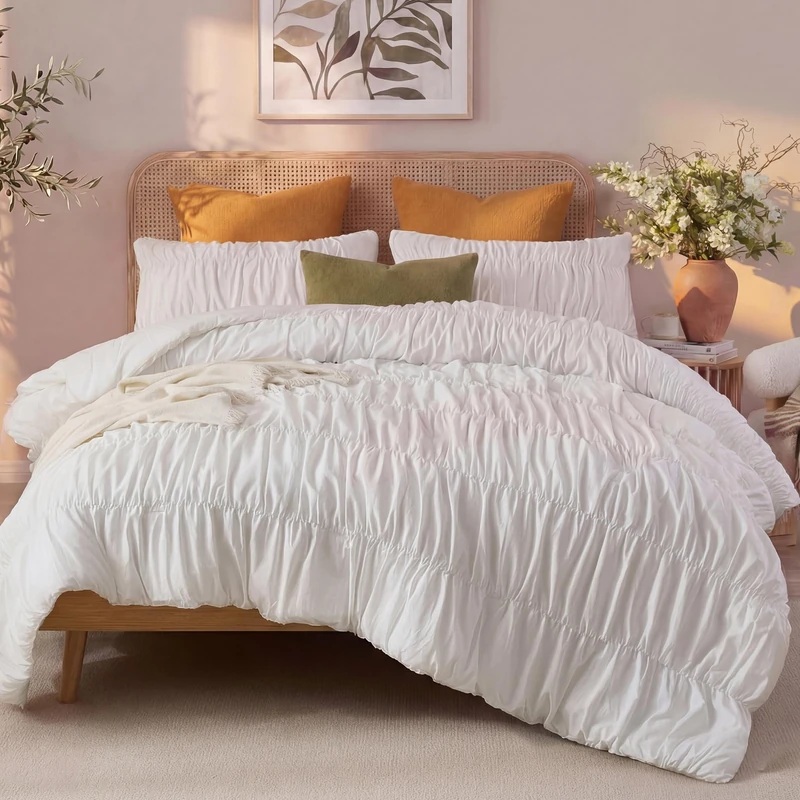 Bedbay Boho Comforter Set King Size,White Ruched Bedding Set,100% Cotton Durable Fluffy Comforter 3 Pcs,Vintage Ruffle White Bedding King Size Bed Set with 1 Comforter 2 Pillowcases