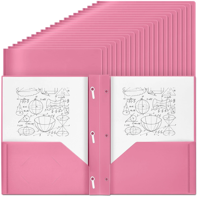 Lincia 100 Pcs Plastic Folders with Pockets and Prong Folders with Prongs 2 Pockets for Office, School for Students, Teachers, Office Workers(Pink)