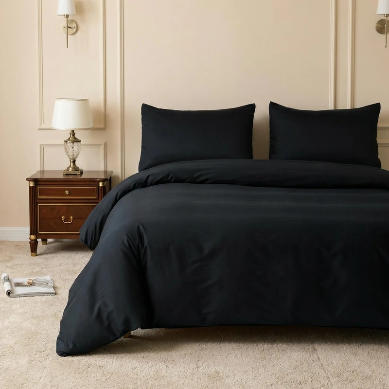 HeimenAogo Egyptian Cotton Duvet Cover Twin/Twin XL Sateen Weave, Silky Soft and Breathable Bedding Set with Zipper Closure, Long Staple Cotton Bed Linen Pure Black 2Pcs (68"×90")