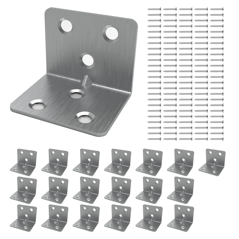 20 Pcs L Right Angle Brackets 31 x 31 x 38 x 1.5mm Corner Bracket Stainless Steel Metal Sleeper Brackets with Screws for Fixing and Repairing Wood Furniture