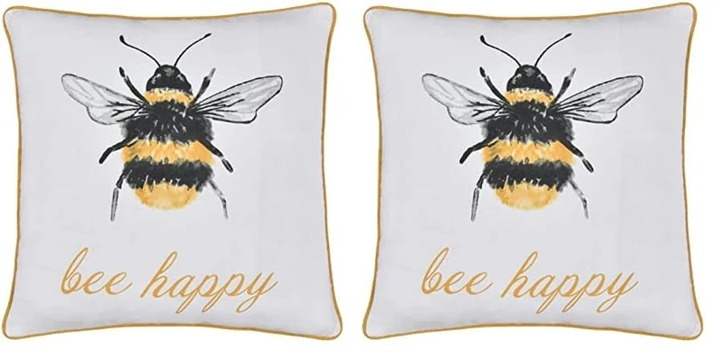 Sleepdown Bumble Bee Filled Cushion with Pom Pom Soft Decorative Cotton Cushion for Home Decor Sofa Bedroom and Car - 45cm x 45cm - White,5056242896654 (Pack of 2)