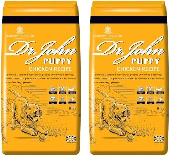 Dr John Dry Puppy Food 10kg with Omega-3s - Chicken Recipe - Complete Nutrition for Puppies of Sporting Active Breeds - Junior High Protein Dry Dog Food. (Pack of 2)