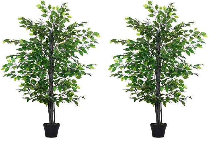 Outsunny 145cm Artificial Banyan Plant Faux Decorative Tree w/Cement Pot Vibrant Greenery Shrubbery Indoor Outdoor Accessory (Pack of 2)