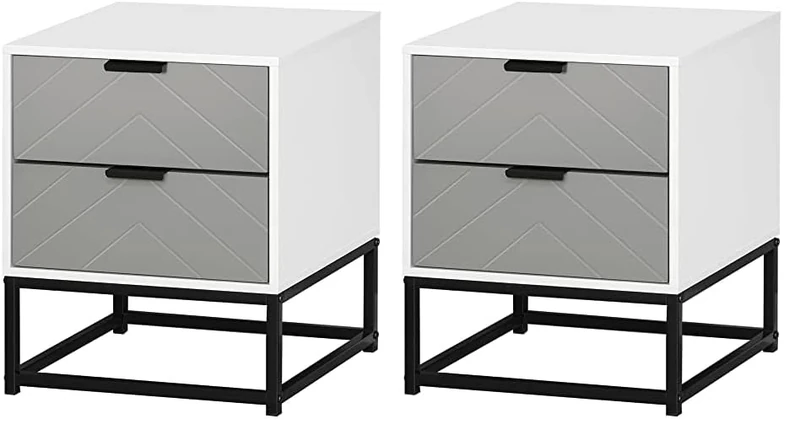 HOMCOM Bedside Cabinet with 2 Drawer Storage Unit, Unique Shape Bedroom Table Nightstand with Metal Base, for Living Room, Study Room, Dorm (Pack of 2)