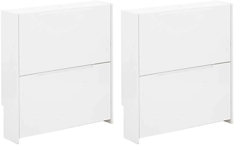 GFW Narrow High Gloss 2 Tier Shoe Cabinet Stores Up To 6 Shoes, Wooden Slim Shoe Organiser Cabinets for Home Entryway, Hall & Bedroom, White, H-75.6cm x W-72cm x D-17cm (Pack of 2)