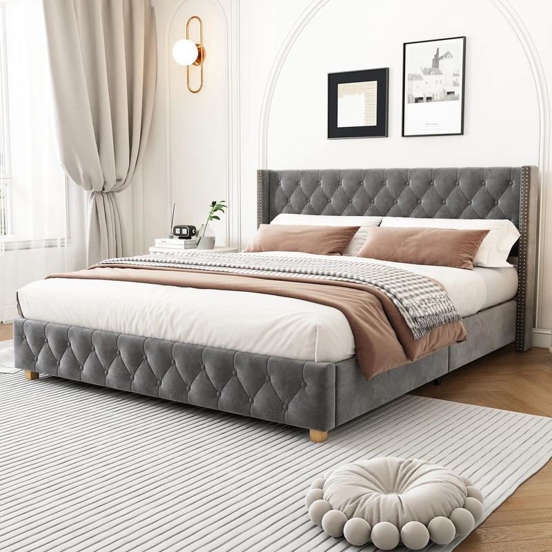 Ball & Cast Upholstered 4FT6 Double Bed Frame, Elegant Bed-Frame with Reinforced Slatted Base, Classic Button-Tufted Headboard, Stylish Velvet Upholstery Detailing, Wooden Legs, 135x190cm, Grey