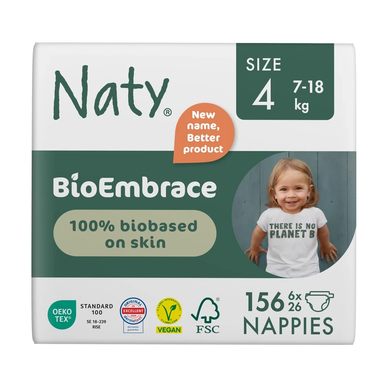 Naty BioEmbrace Eco Baby Nappies Size 4 (7–18kg) | 100% Biobased on Skin | Plant-Based Softness, Dermatologically Tested, Super Absorbent | 156 Count