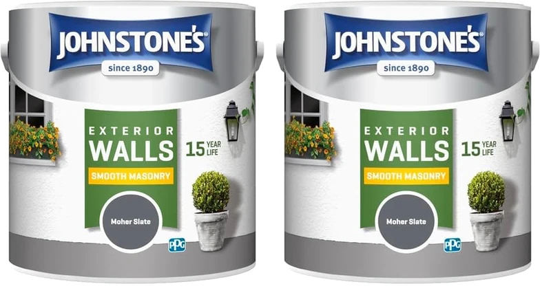 Johnstone's, Exterior Smooth Masonry Paint, Moher Slate, Up to 15 Years Protection, Weather & Dirt Resistant, 30m² Coverage Per Tin, Dry in 1-2 Hours, 2.5L (Pack of 2)