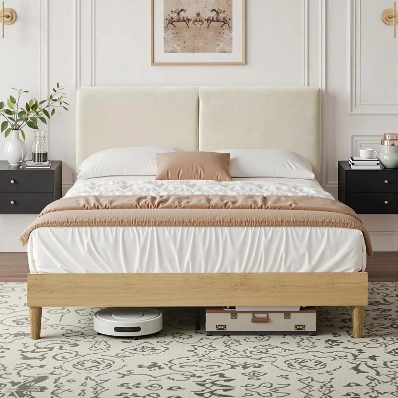 VECELO Double Padded 140 x 190 cm with Height Adjustable Cotton and Linen Headboard, Solid Wooden Slatted Stand, Easy to Assemble, No Noise, No Need for a Bed Base, Beige