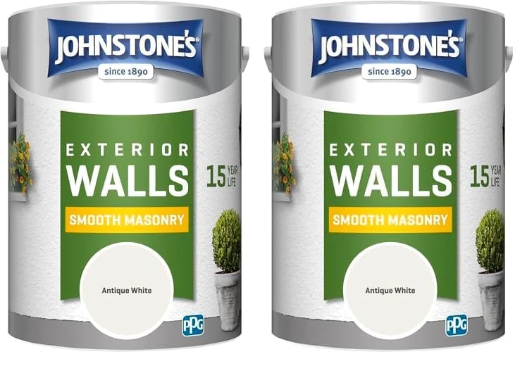 Johnstone's, Exterior Smooth Masonry Paint, Antique White, Up to 15 Years Protection, Weather & Dirt Resistant, 60m² Coverage Per Tin, Dry in 1-2 Hours, 5L (Pack of 2)