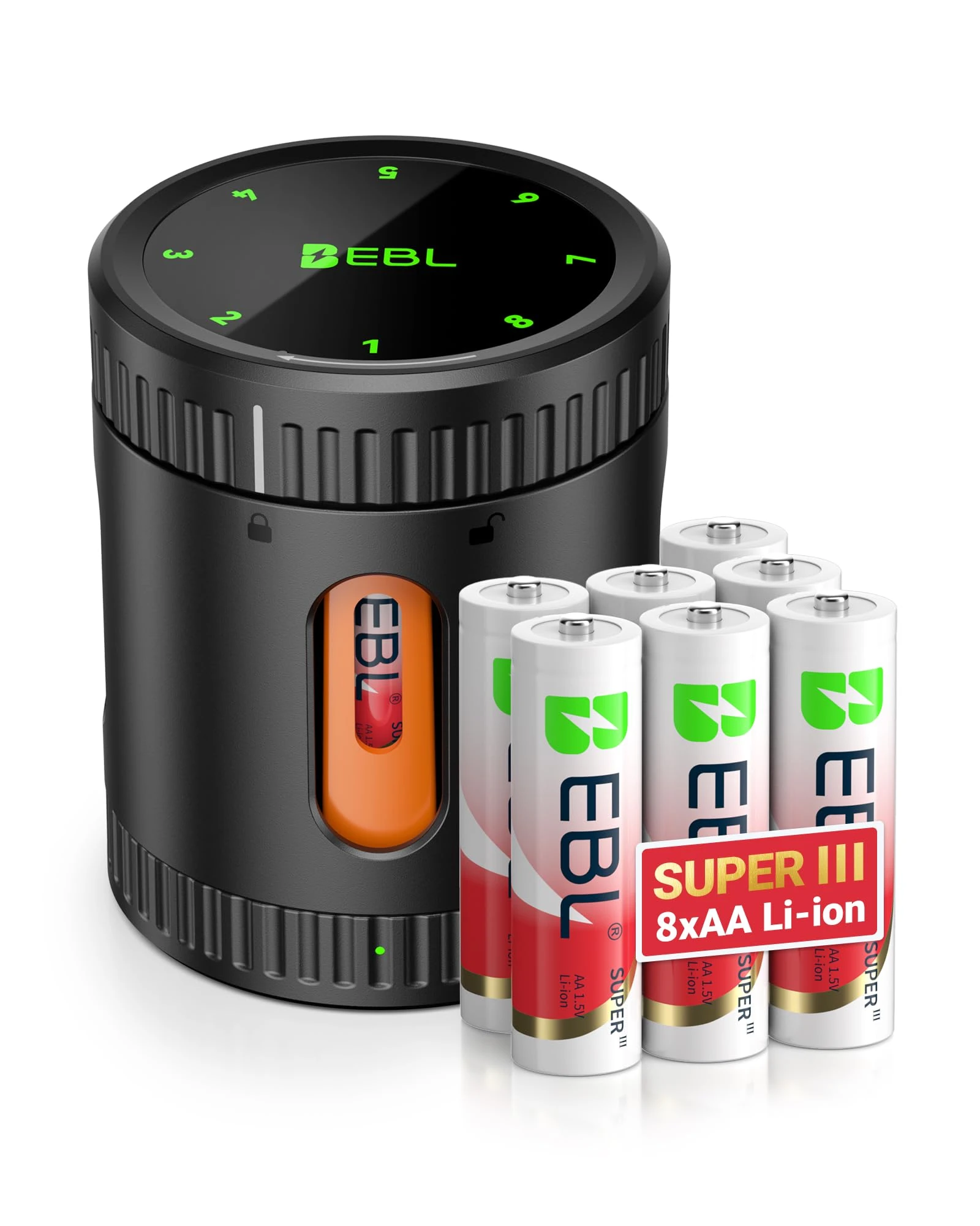 EBL Rechargeable Battery AA with Charger, 8 Pack 1.5V Super Ⅲ 3600mWh Lithium AA Batteries for Blink Outdoor Camera, Battery Charging Storage Box for aa aaa lithium Batteries