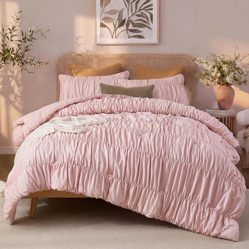 Bedbay Pink Ruched Comforter Set for King Size Bed,Breathable Cotton King Comforter Boho Bed Set,Girls Teen Room Decor Aesthetic Bedding Set,Vintage Ruffled Fluffy Comforter for All Seasons