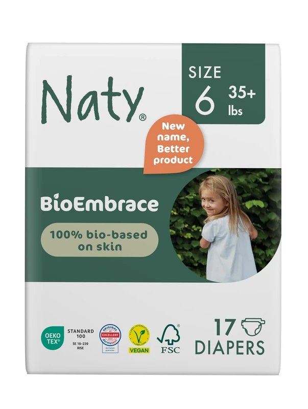 Naty BioEmbrace Baby Nappies | Sensitive Skin Safe Certified | Leak Protection up to 100% | Plant-Based Softness, Premium Comfort | Chlorine-Free |Size 6 (16kg+), 102 Count