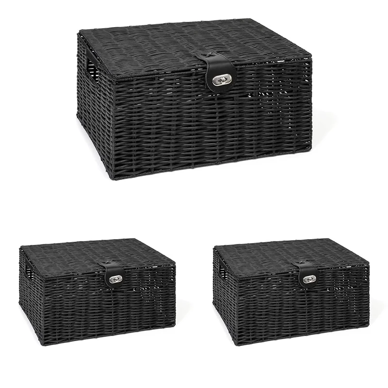 ARPAN Large Resin Woven Storage Basket Box With Lid & Lock - Black (Pack of 3)