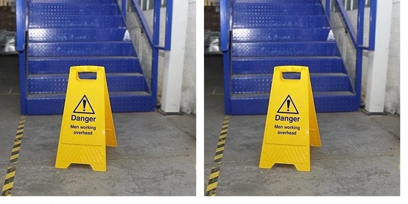 V Safety Danger Men Working Overhead - Yellow Double Sided Floor Sign Safety Sign (Pack of 2)