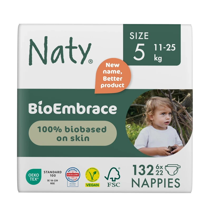 Naty BioEmbrace Baby Nappies | Sensitive Skin Safe Certified | Leak Protection up to 100% | Plant-Based Softness, Premium Comfort | Chlorine-Free |Size 5 (11–25kg), 132 Count