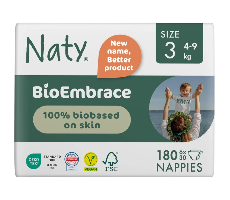 Naty BioEmbrace Baby Nappies | Sensitive Skin Safe Certified | Leak Protection up to 100% | Plant-Based Softness, Premium Comfort | Chlorine-Free | Size 3 (4–9kg), 180 Count