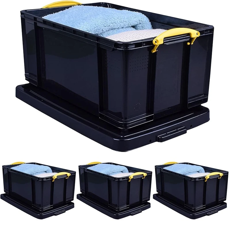 Really Useful Box Plastic Storage 64 Litre Solid Black with Yellow Handles (Pack of 4)