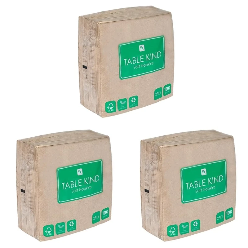 Table Kind | 100 Bulk Pack Soft Recycled Paper Napkins, Brown Disposable Party Serviettes, Catering & Everyday Use, Eco-Friendly, Kraft Unbleached Home Compostable | Recyclable Made in EU, 2ply, 33cm