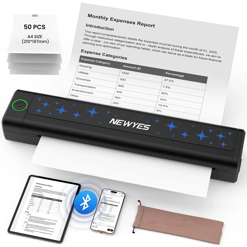 NEWYES Thermal Printer, Inkless Portable Printer A4, Small Printer for Business Travelers and Students with iOS, Android, Laptop for Office, Car and Home