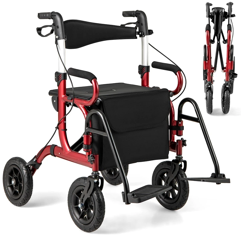GYMAX 2 in 1 Rollator Walker for Seniors, Medical Walker with Seat, Folding Transport Wheelchair Rollator with Large Wheels, Reversible Backrest, Footrests, Aluminum Mobility Walking Aid (Red)
