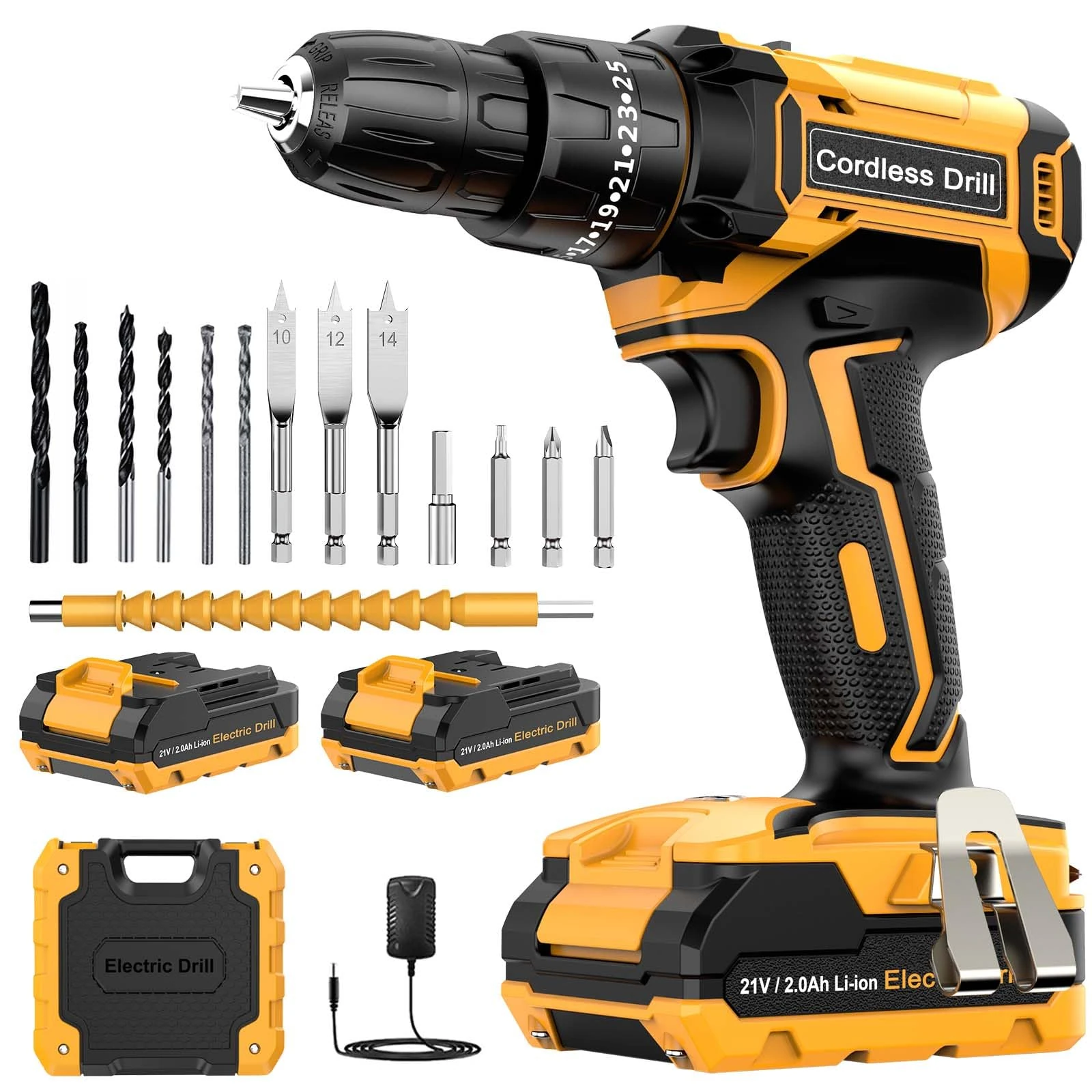 DYJPOW Cordless Drill Driver 21V, Cordless Hammer Drill with 2 Batteries 2000mAh, 25+3 Torque, 42N.m Max, 14PCS Drill Bits, 2 Speed, LED Light for Home and Garden DIY Project, Yellow
