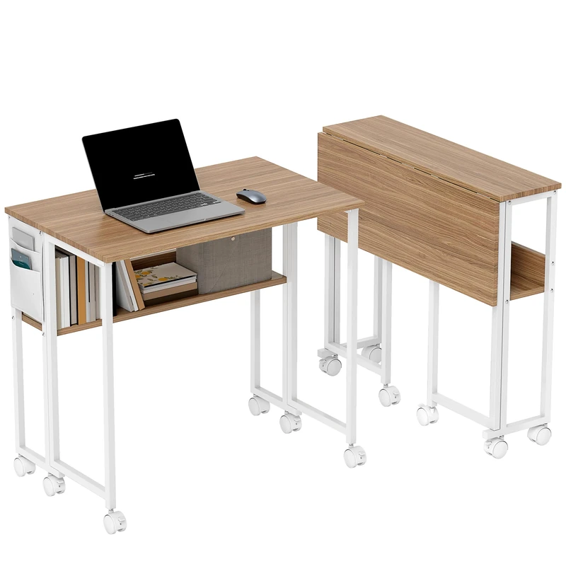 HOMCOM Folding Desk with Storage Shelf and Bag, 80 cm Foldable Computer Desk for Small Spaces, Space Saving Writing Table on Wheels for Home Office, Bedroom, Easy Assembly, Natural Wood Finish