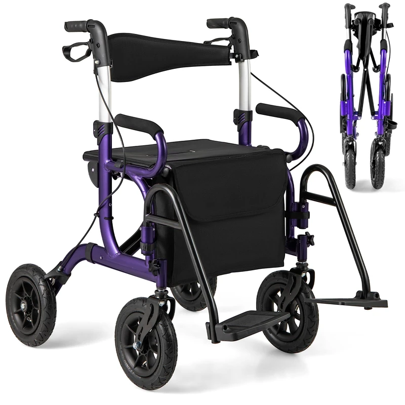 GYMAX 2 in 1 Rollator Walker for Seniors, Medical Walker with Seat, Folding Transport Wheelchair Rollator with Large Wheels, Reversible Backrest, Footrests, Aluminum Mobility Walking Aid (Purple)