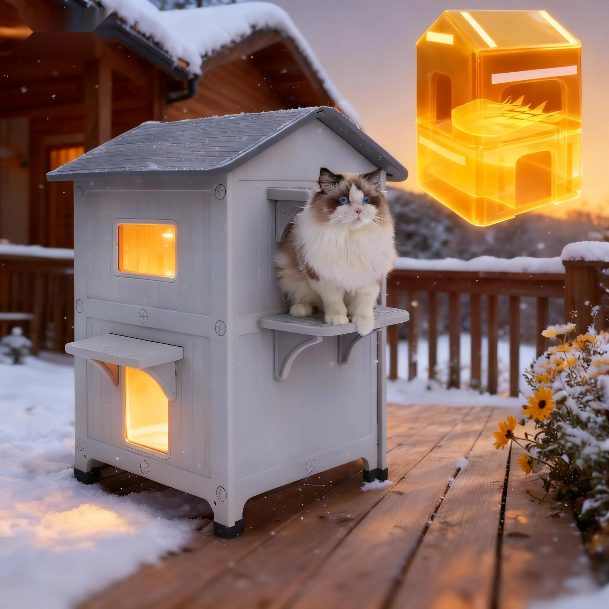 Plastic Outdoor Cat House with Insulated Liner, Weatherproof for Feral 2 Cats, 2 Story Insulated Elevated Cat Shelter with Escape Door, Easy Assemble, Expansive Interior, Grey 34"D x 21"W x 21.5"H