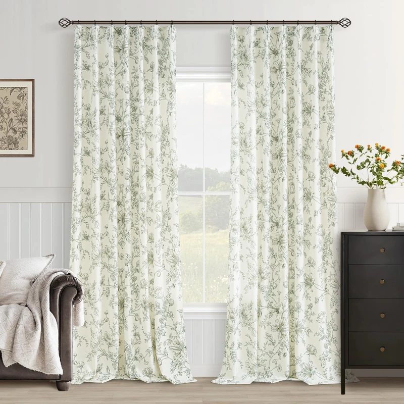 Olive Green Pleated Curtains Linen 90 In Curtain Floral Shabby Chic Decor
