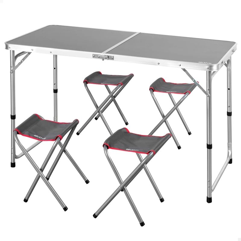 AKTIVE 63161 Aluminium Folding Table with 4 Steel Stools, Height Adjustable 60/70 cm, Surface 120 x 60 cm, Grey Finish, Portable Design with Handle for Camping, Beach and Garden
