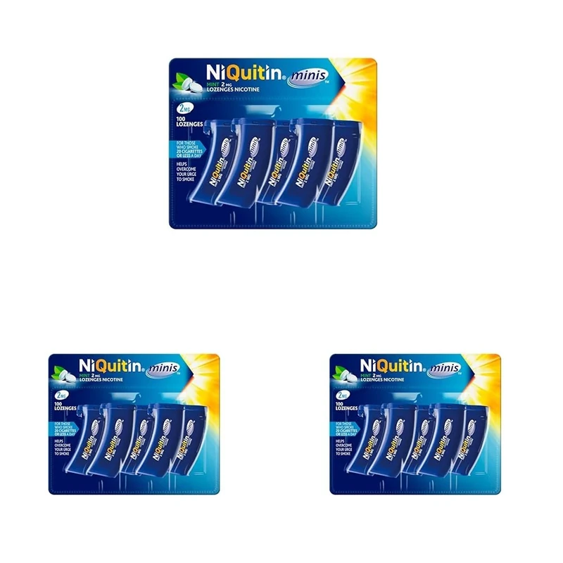 NiQuitin Minis Mint 2 mg Lozenges - Effective Smoking Craving Relief - Practical Pocket-Sized Container - 100 Mini Lozenges - Relieve Sudden Cravings - Reduce and Quit Smoking Aid (Pack of 3)