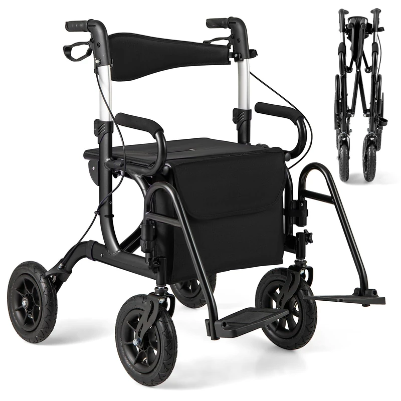 GYMAX 2 in 1 Rollator Walker for Seniors, Medical Walker with Seat, Folding Transport Wheelchair Rollator with Large Wheels, Reversible Backrest, Footrests, Aluminum Mobility Walking Aid (Black)