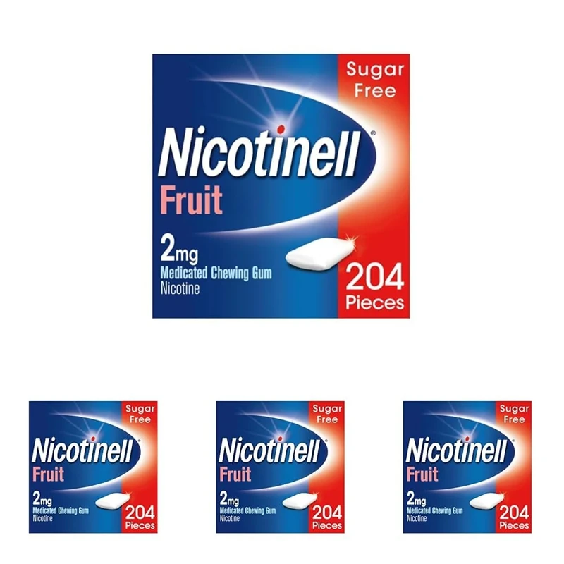 Nicotinell Fruit Gum 2mg (4 x 204 Pieces), Stop Smoking Aid, Sugar Free Nicotine Gum, Mild Fruit Flavour, 2mg Regular Strength for Light Smokers, Quit Smoking Aid