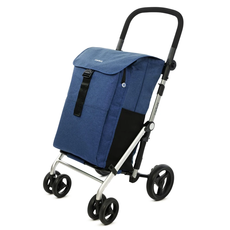 Carlett - Classic Family Lett470 | Folding trailer | Heavy duty supermarket trolley | 4 wheels | for large purchases | Large capacity 64L | Main bag 32kg | Isothermal bag 12 litre | Denim