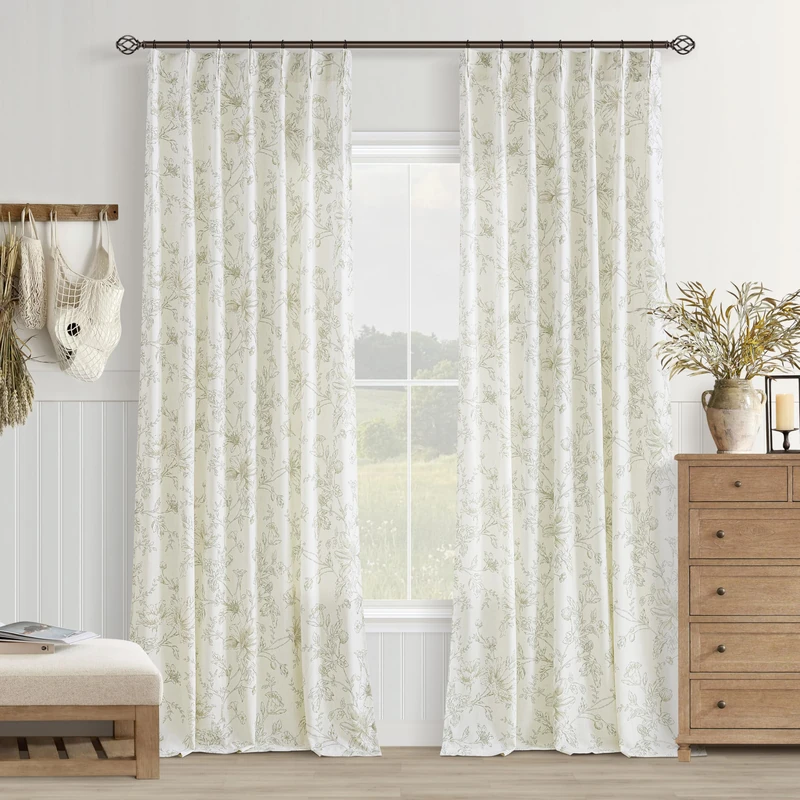Floral 90 Inch Curtains Pleated Light Filtering Linen Curtain Light Green