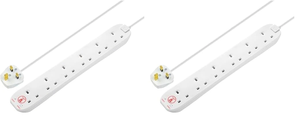 Masterplug Six Socket Extension Lead with Surge Protection, Power and Surge LED Indicators, Unswitched, 2 Metre Cable, 6-Way Plug Extension Cable, Power Strip, White, 13A, 6G, 2m, SRG6210N (Pack of 2)